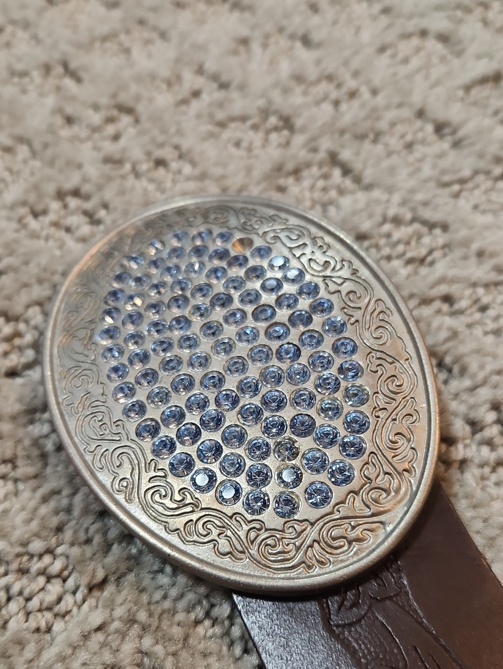 Abercrombie & Fitch Brown Leather Belt Decorative Blue Rhinestone Silver Buckle - Picture 2 of 14